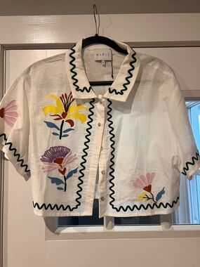 MARBLE White Shirt with Green Ric Rac Trim and Yellow Embroidery